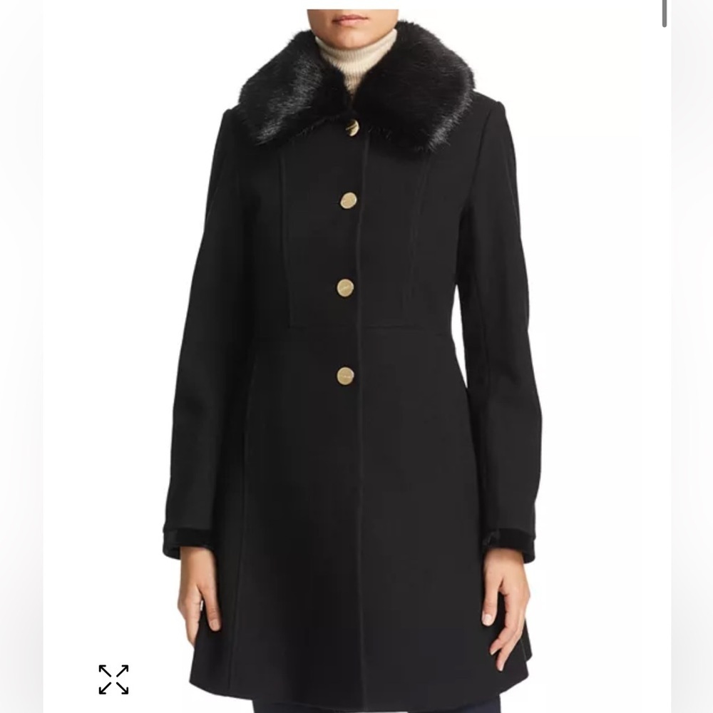 Laundry by Shelli Segal, Faux Fur Collar Lace-Up Back Coat, Navy blue color